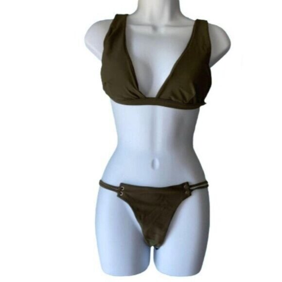 Olive Green Triangle Ribbed Bikini Top Two Piece Swimsuit Medium - Picture 6 of 7